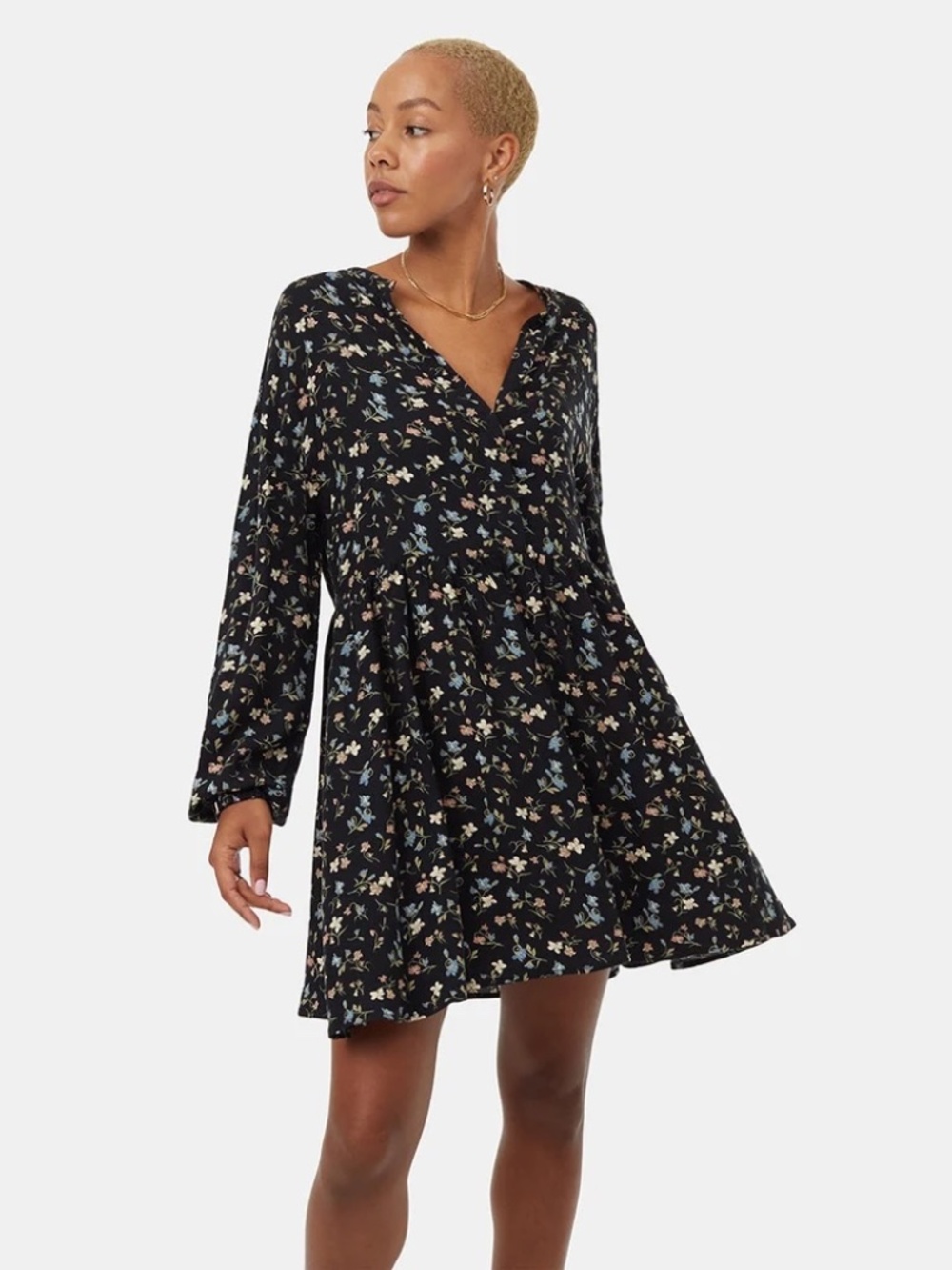 Tentree Willows Dress, Long Sleeve Black Flowy Dress - Meteorite Black Blossom